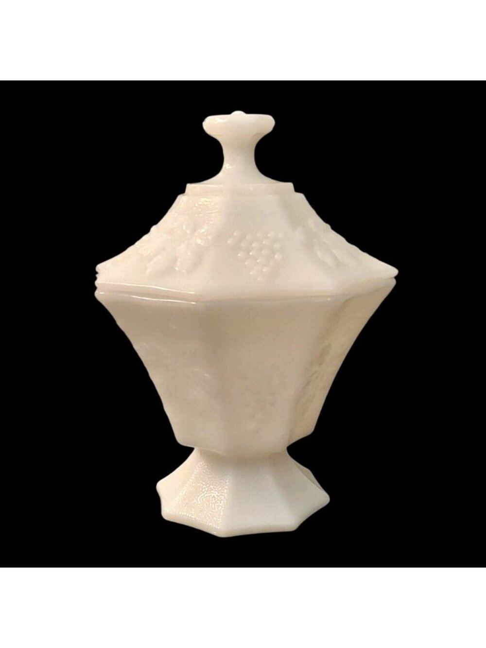 Anchor Hocking Covered Candy Dish Milk Glass Grapes and Leaves Footed Vintage